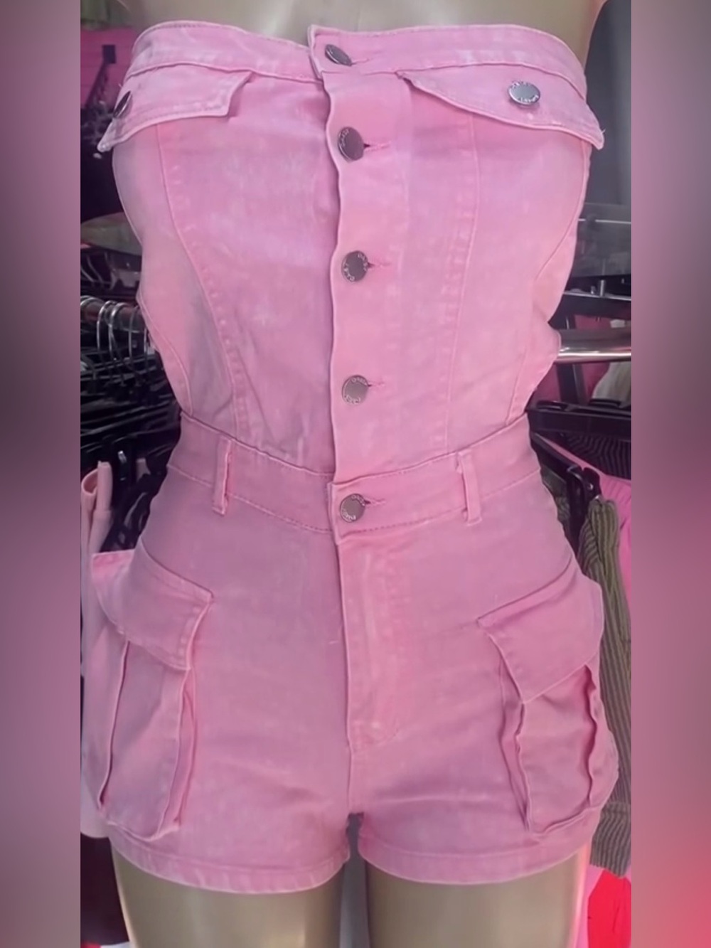 Daisy Pink Strapless Denim Romper with Front Buttons